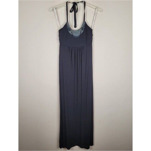 Tommy Bahama Size XXS Tambour Beaded Halter Maxi Dress Viscose Stretch Black - Picture 2 of 9